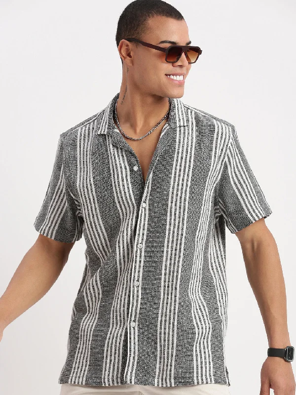 Men's Moisture - Wicking Performance Fabric Casual Shirts for Outdoor ActivitiesMen Cuban Collar Vertical Stripes Grey Shirt Men's Moisture - Wicking Performance Fabric Casual Shirts for Outdoor ActivitiesMen Cuban Collar Vertical Stripes Grey Shirt