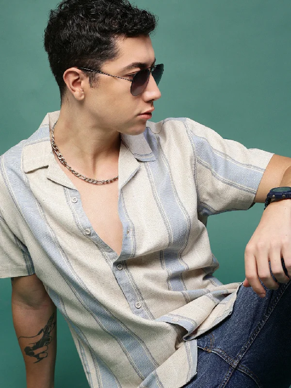 Men's Tailored Fit Checkered Casual Shirts in Multicolor for a Smart - Casual EnsembleMen Cream Cuban Collar Striped Shirt Men's Tailored Fit Checkered Casual Shirts in Multicolor for a Smart - Casual EnsembleMen Cream Cuban Collar Striped Shirt