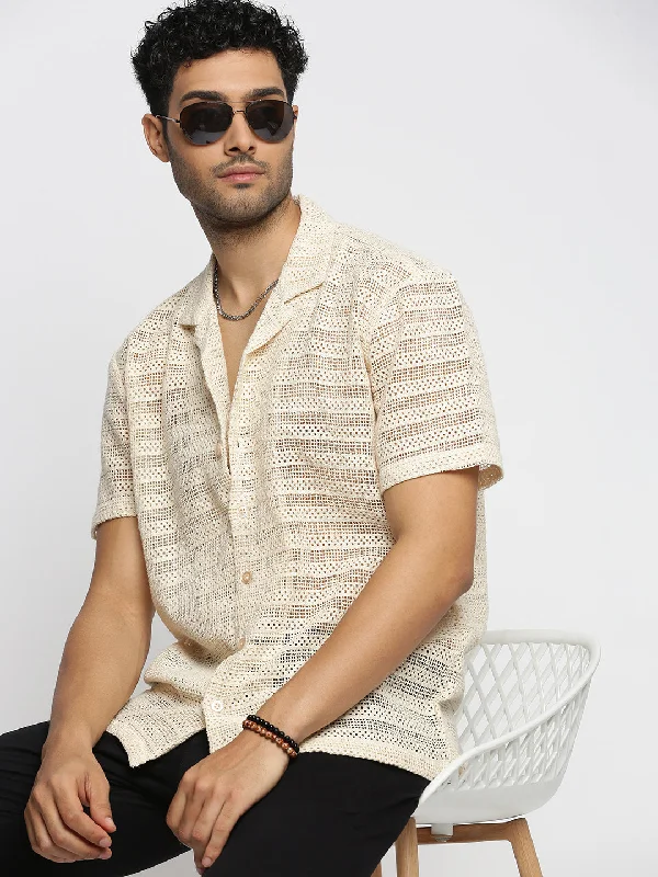 Men's Long - Line Oversized Casual Shirts in Dark Gray for a Relaxed and Modern LookMen Cream Cuban Collar Solid Crochet Shirt Men's Long - Line Oversized Casual Shirts in Dark Gray for a Relaxed and Modern LookMen Cream Cuban Collar Solid Crochet Shirt