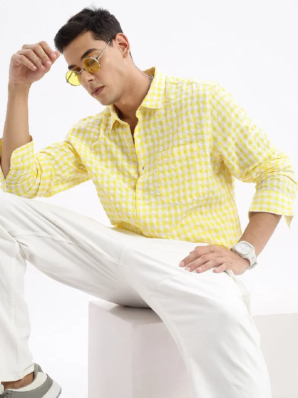 Men's Organic Cotton Casual Shirts with a Soft Handfeel for Everyday ComfortMen Spread Collar Checked Slim Fit Yellow Shirt Men's Organic Cotton Casual Shirts with a Soft Handfeel for Everyday ComfortMen Spread Collar Checked Slim Fit Yellow Shirt
