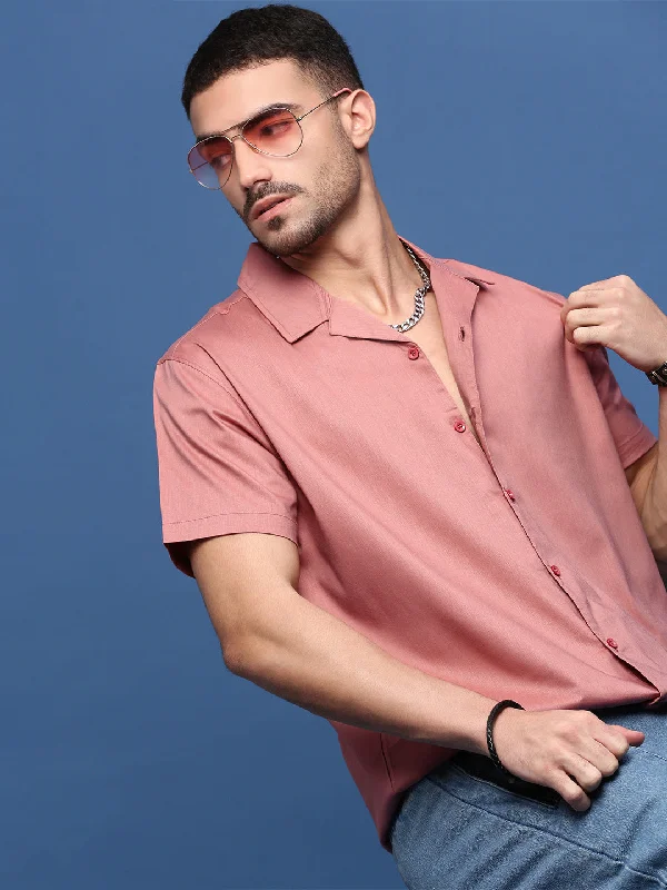 Men's Linen Blend Casual Shirts with Roll - Up Sleeves for a Summer Beach LookMen Peach Solid Cuban Collar Shirt Men's Linen Blend Casual Shirts with Roll - Up Sleeves for a Summer Beach LookMen Peach Solid Cuban Collar Shirt