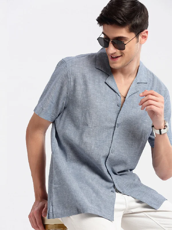 Men's Stretch - Fabric Casual Shirts in Navy Blue for a Comfortable and Flexible FitMen Cuban Collar Solid Blue Casual Shirt Men's Stretch - Fabric Casual Shirts in Navy Blue for a Comfortable and Flexible FitMen Cuban Collar Solid Blue Casual Shirt