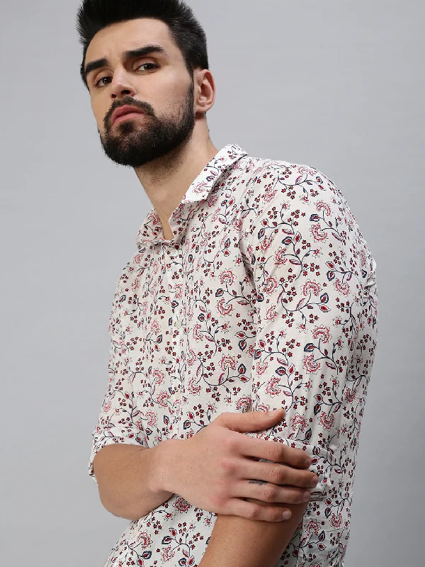 Men's Moisture - Wicking Performance Fabric Casual Shirts for Outdoor ActivitiesMen Spread Collar Printed Off White Shirt Men's Moisture - Wicking Performance Fabric Casual Shirts for Outdoor ActivitiesMen Spread Collar Printed Off White Shirt