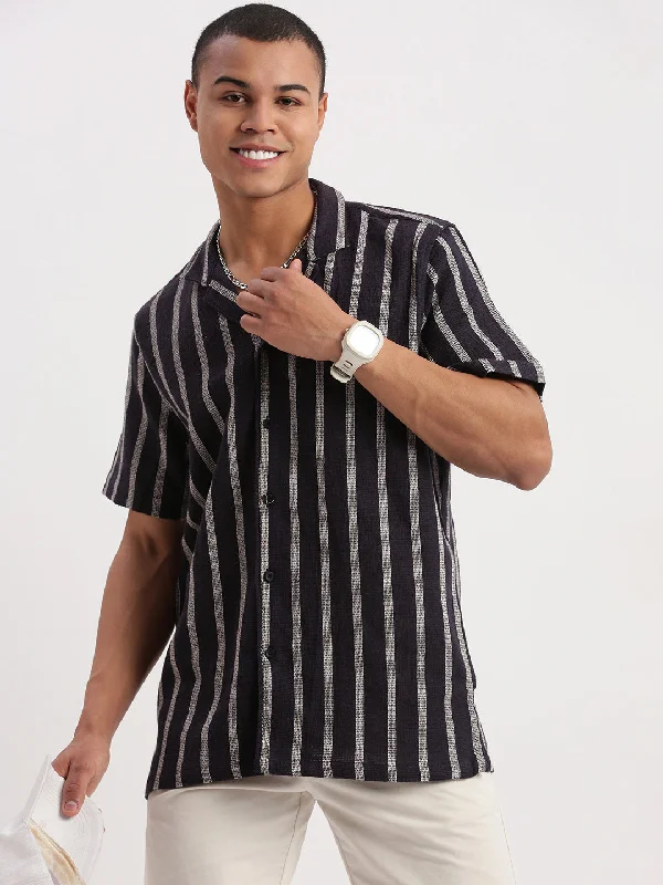 Men's Retro - Style Hawaiian Print Casual Shirts in Bold Patterns for a Tropical VacationMen Cuban Collar Vertical Stripes Navy Blue Shirt Men's Retro - Style Hawaiian Print Casual Shirts in Bold Patterns for a Tropical VacationMen Cuban Collar Vertical Stripes Navy Blue Shirt