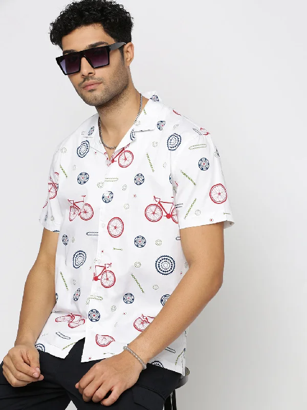 Men's Wrinkle - Resistant Polyester Blend Casual Shirts for Easy Travel and MaintenanceMen White Cuban Collar Graphic Shirt Men's Wrinkle - Resistant Polyester Blend Casual Shirts for Easy Travel and MaintenanceMen White Cuban Collar Graphic Shirt