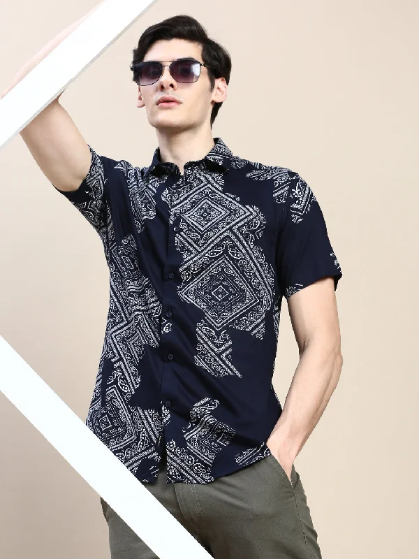 Men's Linen Blend Casual Shirts with Roll - Up Sleeves for a Summer Beach LookMen Navy Printed Casual Shirt Men's Linen Blend Casual Shirts with Roll - Up Sleeves for a Summer Beach LookMen Navy Printed Casual Shirt
