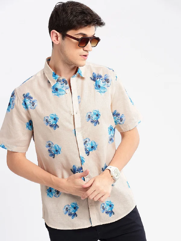Men's Two - Tone Contrast Panel Casual Shirts in White and Navy for a Stylish and Eye - Catching DesignMen Spread Collar Floral Cream Casual Shirt Men's Two - Tone Contrast Panel Casual Shirts in White and Navy for a Stylish and Eye - Catching DesignMen Spread Collar Floral Cream Casual Shirt