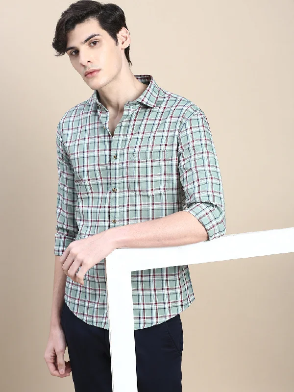 Plus Size Men's Striped Chambray Casual Shirts with a Spread Collar for a Preppy AppearanceMen Green Checked Casual Shirt Plus Size Men's Striped Chambray Casual Shirts with a Spread Collar for a Preppy AppearanceMen Green Checked Casual Shirt