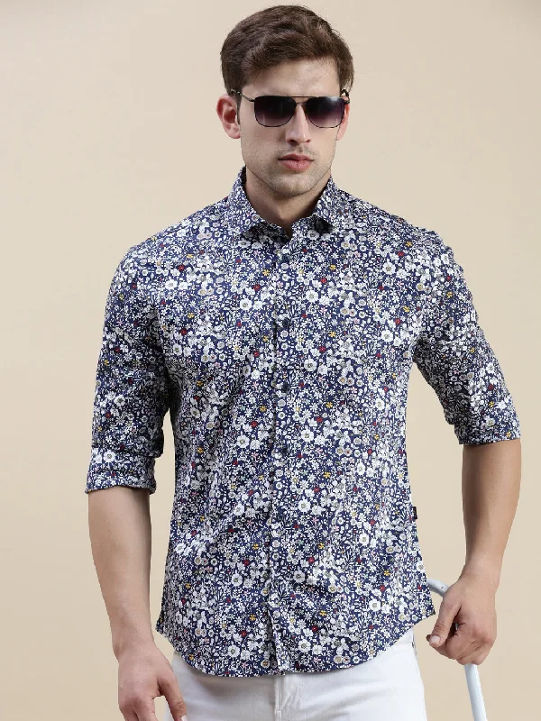 Men's Two - Tone Contrast Panel Casual Shirts in White and Navy for a Stylish and Eye - Catching DesignMen Navy Floral Casual Shirt Men's Two - Tone Contrast Panel Casual Shirts in White and Navy for a Stylish and Eye - Catching DesignMen Navy Floral Casual Shirt