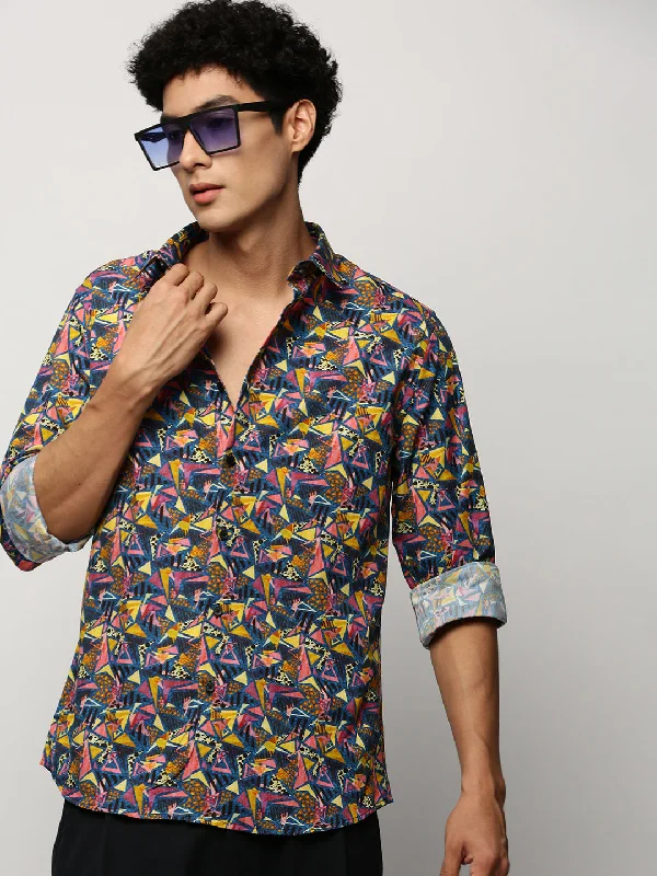 Men's Moisture - Wicking Performance Fabric Casual Shirts for Outdoor ActivitiesMen Navy Geometrical Shirt Men's Moisture - Wicking Performance Fabric Casual Shirts for Outdoor ActivitiesMen Navy Geometrical Shirt