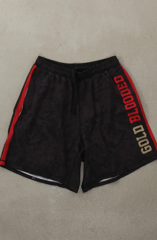 Men's high - waisted swim shorts with UPF protection for beach vacationsSAVS x Adapt :: Gold Blooded (Men's Black/Red Hybrid Shorts) Men's high - waisted swim shorts with UPF protection for beach vacationsSAVS x Adapt :: Gold Blooded (Men's Black/Red Hybrid Shorts)