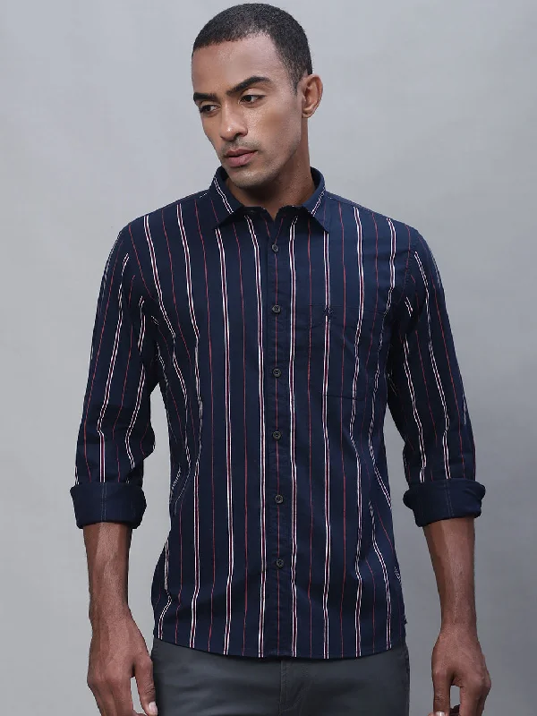 Men's Stretch - Fabric Casual Shirts in Navy Blue for a Comfortable and Flexible FitMen's Navy Blue Casual Narrow Stripe Full Sleeve Shirt Men's Stretch - Fabric Casual Shirts in Navy Blue for a Comfortable and Flexible FitMen's Navy Blue Casual Narrow Stripe Full Sleeve Shirt