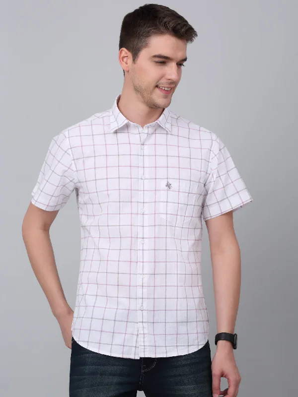 Men's Stretch - Fabric Casual Shirts in Navy Blue for a Comfortable and Flexible FitMen's White Casual Medium Checks Half sleeve Shirt Men's Stretch - Fabric Casual Shirts in Navy Blue for a Comfortable and Flexible FitMen's White Casual Medium Checks Half sleeve Shirt