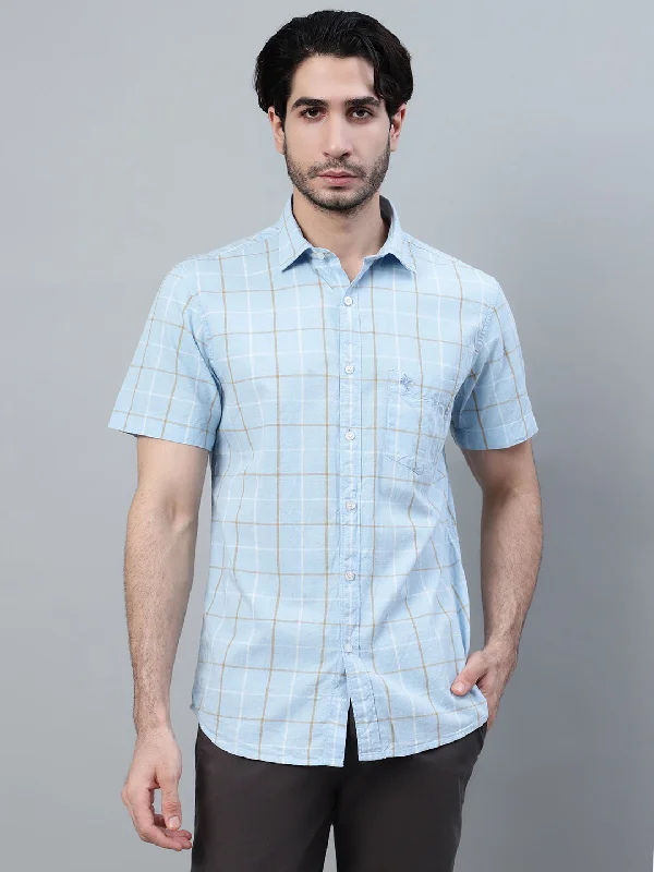 Men's Sky Blue Checkered Half Sleeve Casual Shirt