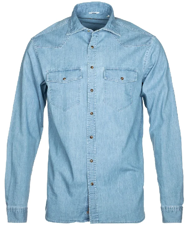 Men's Sustainable Recycled Material Casual Shirts for Eco - Conscious ConsumersFitted Denim Shirt With Pocket Blue Men's Sustainable Recycled Material Casual Shirts for Eco - Conscious ConsumersFitted Denim Shirt With Pocket Blue