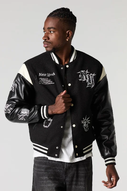 Bomber men jackets with ribbed cuffs for a classic 80s styleNew York Embroidered Fleece Varsity Jacket Bomber men jackets with ribbed cuffs for a classic 80s styleNew York Embroidered Fleece Varsity Jacket