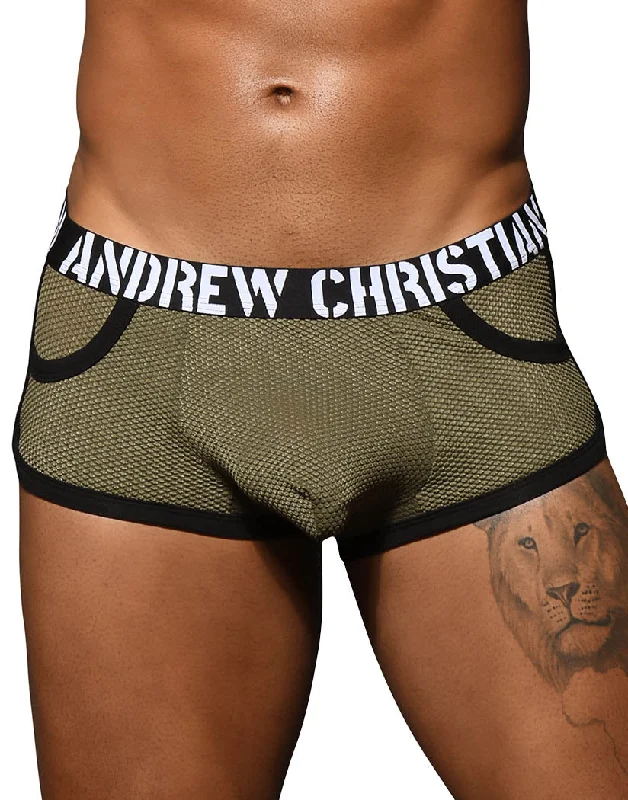 Men's boxer briefs with a contoured pouchAndrew Christian Military Mesh Pocket Almost Naked Boxer 92596 Men's boxer briefs with a contoured pouchAndrew Christian Military Mesh Pocket Almost Naked Boxer 92596