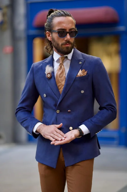 Tall Men's White Linen Blazer with Gold Buttons for a Beach - Ready and Elegant LookAvion Blue Slim Fit Peak Lapel Blazer