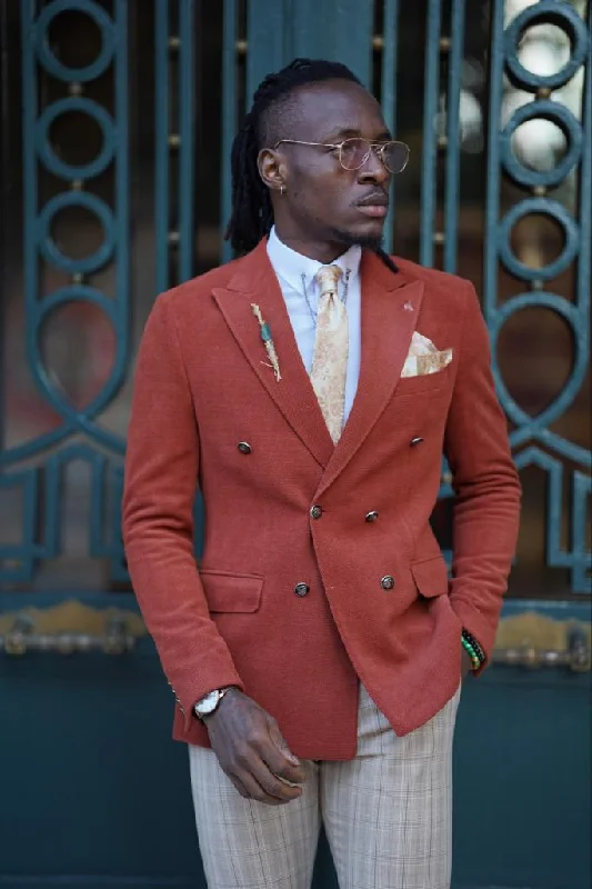 Men's Linen - Cotton Blend Blazer in Tan with Roll - Up Sleeves for a Laid - Back Summer LookAvion Rust Brown Slim Fit Peak Lapel Blazer Men's Linen - Cotton Blend Blazer in Tan with Roll - Up Sleeves for a Laid - Back Summer LookAvion Rust Brown Slim Fit Peak Lapel Blazer