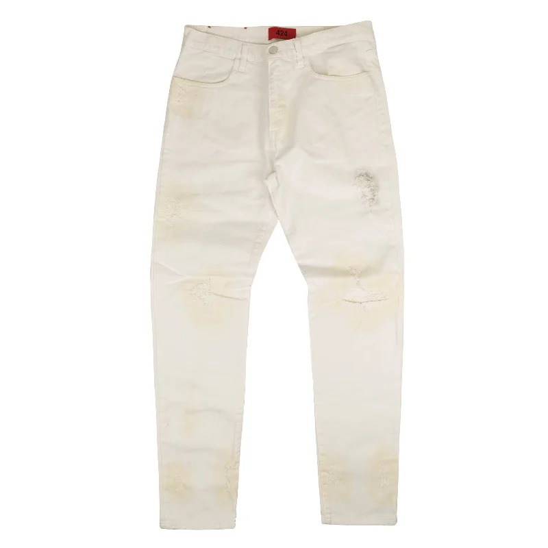 Men's Distressed Jeans with Patches for a Retro and DIY - Inspired Appearance424 ON FAIRFAX White Distressed Denim Jeans Men's Distressed Jeans with Patches for a Retro and DIY - Inspired Appearance424 ON FAIRFAX White Distressed Denim Jeans