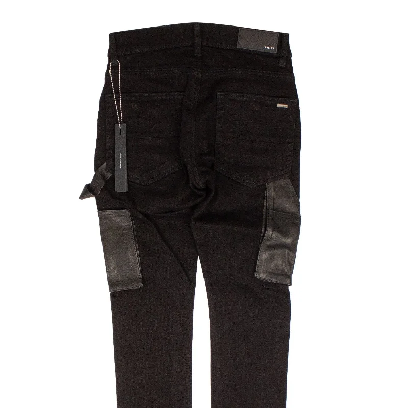 Men's Distressed Jeans with Patches for a Retro and DIY - Inspired AppearanceBlack Denim Leather Workman Pants Men's Distressed Jeans with Patches for a Retro and DIY - Inspired AppearanceBlack Denim Leather Workman Pants