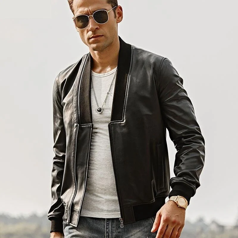 Men jackets with a built - in hood that can be stowed away when not in useCasual Men's Genuine Lambskin Leather V-Neck Collar Motorcycle Jacket Men jackets with a built - in hood that can be stowed away when not in useCasual Men's Genuine Lambskin Leather V-Neck Collar Motorcycle Jacket
