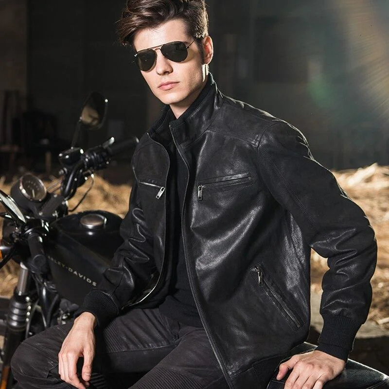 Down - filled men jackets in bright colors for winter fashionCasual Men's Real Pigskin Leather Solid Zipper Motorcycle Bomber Jackets Down - filled men jackets in bright colors for winter fashionCasual Men's Real Pigskin Leather Solid Zipper Motorcycle Bomber Jackets