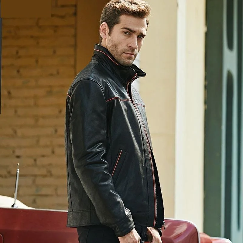 Corduroy men jackets in earthy tones for a rustic charmCasual Men's Real Pigskin Leather Zipper Jacket with Standing Collar