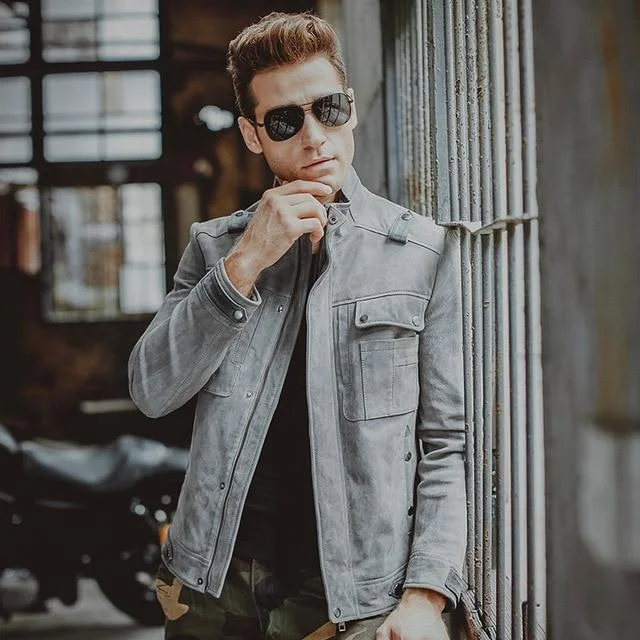 Stretch - fabric men jackets for unrestricted movement during workoutsCasual Men's Solid Gray Genuine Pigskin Leather Motorcycle Jacket Stretch - fabric men jackets for unrestricted movement during workoutsCasual Men's Solid Gray Genuine Pigskin Leather Motorcycle Jacket