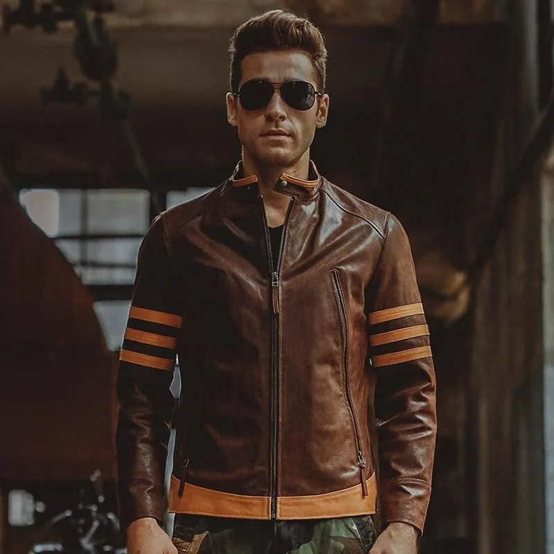 Bomber men jackets with ribbed cuffs for a classic 80s styleCasual Slim Men's Genuine Pigskin Leather Biker Motorcycle Winter Jackets Bomber men jackets with ribbed cuffs for a classic 80s styleCasual Slim Men's Genuine Pigskin Leather Biker Motorcycle Winter Jackets