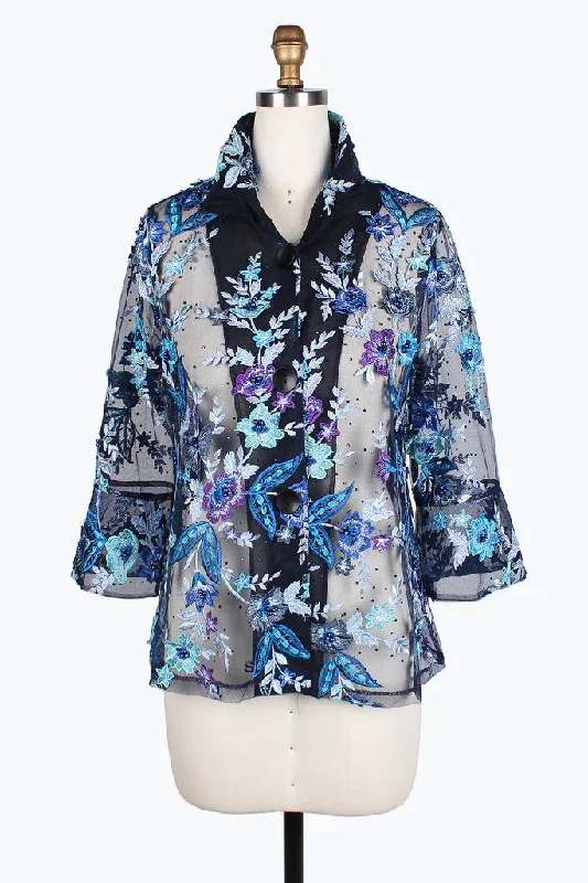 Plus - size men jackets with adjustable drawstrings for a comfortable fitDamee Floral Embroidery Mesh Jacket 2380-BLU Plus - size men jackets with adjustable drawstrings for a comfortable fitDamee Floral Embroidery Mesh Jacket 2380-BLU