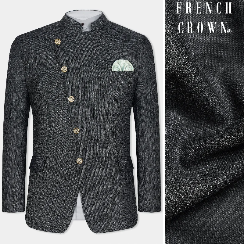 Men's Stretch - Fabric Blazer in Black for a Comfortable and Flexible Everyday WearGunmetal Grey Cross Placket Wool Rich Bandhgala Blazer Men's Stretch - Fabric Blazer in Black for a Comfortable and Flexible Everyday WearGunmetal Grey Cross Placket Wool Rich Bandhgala Blazer