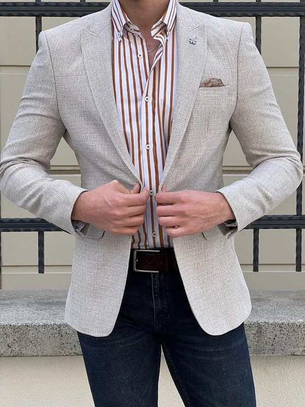 Men's Slim Fit Plaid Blazer in Red and Black for a Festive and Fashionable Holiday LookHazel Beige Slim Fit Peak Lapel Blazer Men's Slim Fit Plaid Blazer in Red and Black for a Festive and Fashionable Holiday LookHazel Beige Slim Fit Peak Lapel Blazer