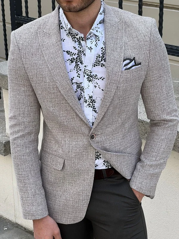 Men's Lightweight Linen - Blend Blazer in Beige for a Casual and Comfortable Summer EnsembleHazel Beige Slim Fit Peak Lapel Blazer Men's Lightweight Linen - Blend Blazer in Beige for a Casual and Comfortable Summer EnsembleHazel Beige Slim Fit Peak Lapel Blazer
