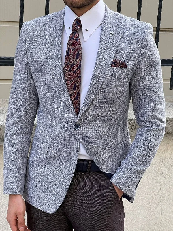 Men's Lightweight Linen - Blend Blazer in Beige for a Casual and Comfortable Summer EnsembleHazel Gray Purple Slim Fit Peak Lapel Blazer