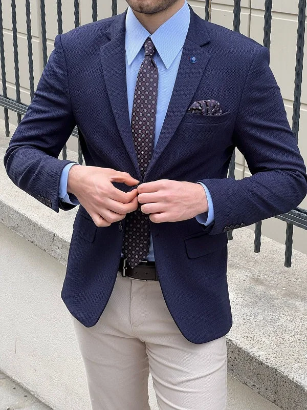 Men's Lightweight Linen - Blend Blazer in Beige for a Casual and Comfortable Summer EnsembleHazel Navy Blue Slim Fit Notch Lapel Blazer Men's Lightweight Linen - Blend Blazer in Beige for a Casual and Comfortable Summer EnsembleHazel Navy Blue Slim Fit Notch Lapel Blazer
