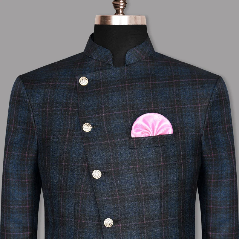 Plus Size Men's Paisley Print Silk Blazer in Royal Blue for a Statement - Making Party OutfitJade Black with Blue Plaid and red windowpane Cross Placket Bandhgala/Mandarin Wool-Silk blend Blazer Plus Size Men's Paisley Print Silk Blazer in Royal Blue for a Statement - Making Party OutfitJade Black with Blue Plaid and red windowpane Cross Placket Bandhgala/Mandarin Wool-Silk blend Blazer