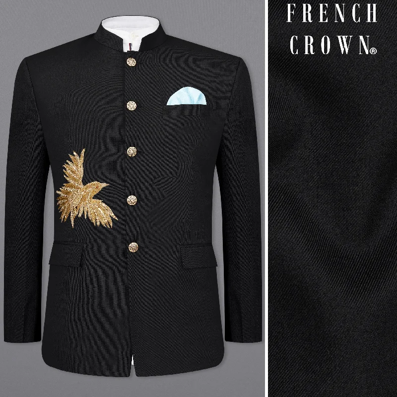 Men's Single - Breasted Cashmere Blazer in Camel for a Luxurious and Elegant Winter LookJade Black with Camel Golden Bird Embroidered Bandhgala Designer Blazer Men's Single - Breasted Cashmere Blazer in Camel for a Luxurious and Elegant Winter LookJade Black with Camel Golden Bird Embroidered Bandhgala Designer Blazer