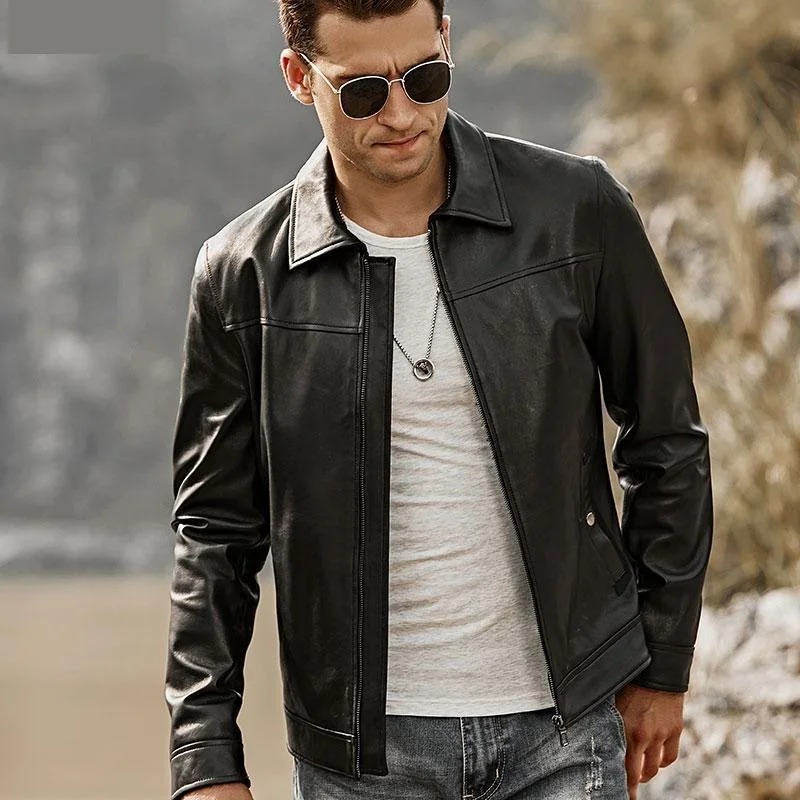 Men jackets with a built - in hood that can be stowed away when not in useMen's Black Real Lambskin Leather Motorcycle Jacket with Turn-down Collar Men jackets with a built - in hood that can be stowed away when not in useMen's Black Real Lambskin Leather Motorcycle Jacket with Turn-down Collar