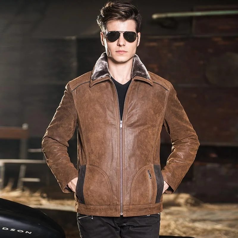Hooded men jackets with a detachable faux - fur trim for added warmthMen's Genuine Pigskin Leather Zipper Closure Warm Motorcycle Jacket Hooded men jackets with a detachable faux - fur trim for added warmthMen's Genuine Pigskin Leather Zipper Closure Warm Motorcycle Jacket