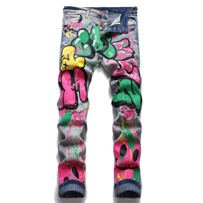 Men's Ripped Skinny Jeans in Acid Wash for an Edgy and Punk - Inspired StyleMen's Punk Style Doodle Colored Painted Hole Stretch Denim Jeans Pants Men's Ripped Skinny Jeans in Acid Wash for an Edgy and Punk - Inspired StyleMen's Punk Style Doodle Colored Painted Hole Stretch Denim Jeans Pants