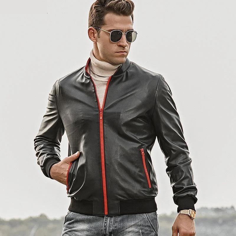 Slim - fit leather men jackets with a distressed finish for a rugged lookMen's Real Lambskin Slim Fit Motorcycle Jacket with Standing Collar Slim - fit leather men jackets with a distressed finish for a rugged lookMen's Real Lambskin Slim Fit Motorcycle Jacket with Standing Collar