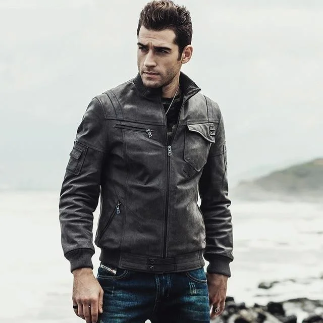 Slim - fit leather men jackets with a distressed finish for a rugged lookMen's Real Leather Cotton Padding Winter Warm Motorcycle Bomber Jacket Slim - fit leather men jackets with a distressed finish for a rugged lookMen's Real Leather Cotton Padding Winter Warm Motorcycle Bomber Jacket