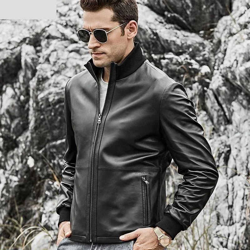 Checkered men jackets in a plaid pattern for a preppy appearanceMen's Real Leather Rib Cuff Motorcycle Bomber Jacket with Standing Collar Checkered men jackets in a plaid pattern for a preppy appearanceMen's Real Leather Rib Cuff Motorcycle Bomber Jacket with Standing Collar
