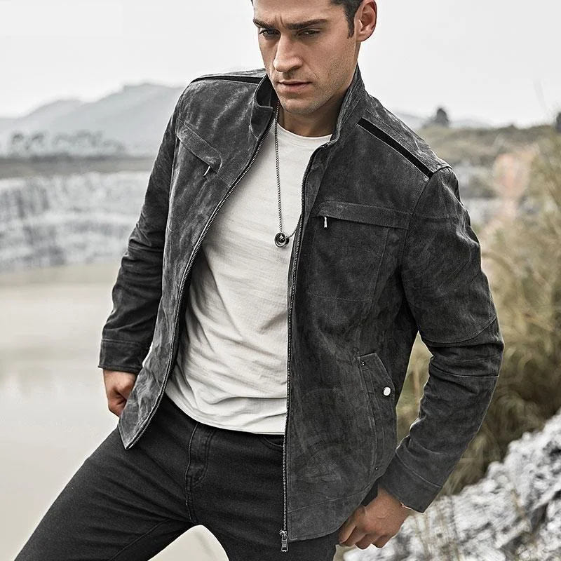 Embroidered men jackets with intricate floral designs for a unique aestheticMen's Real Pigskin Leather Gray Biker Jacket with Standing Collar Embroidered men jackets with intricate floral designs for a unique aestheticMen's Real Pigskin Leather Gray Biker Jacket with Standing Collar