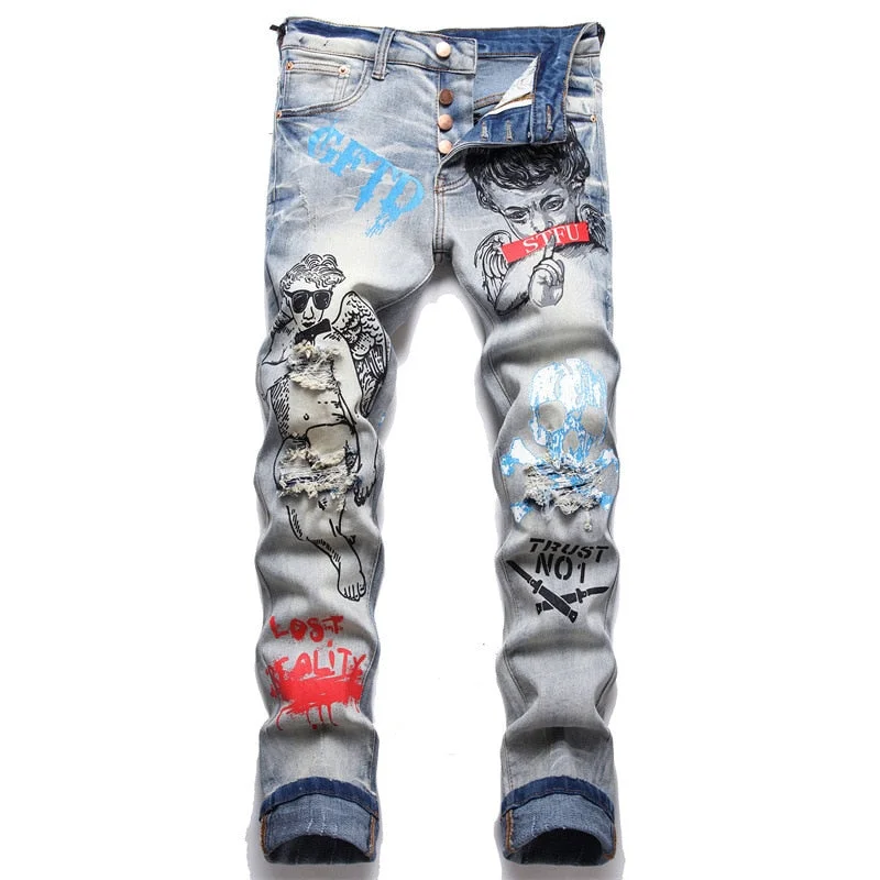 Men's Ripped Skinny Jeans in Acid Wash for an Edgy and Punk - Inspired StyleMen's Slogan Character Skull Printed Button Fly Holes Ripped Stretch Jeans Men's Ripped Skinny Jeans in Acid Wash for an Edgy and Punk - Inspired StyleMen's Slogan Character Skull Printed Button Fly Holes Ripped Stretch Jeans