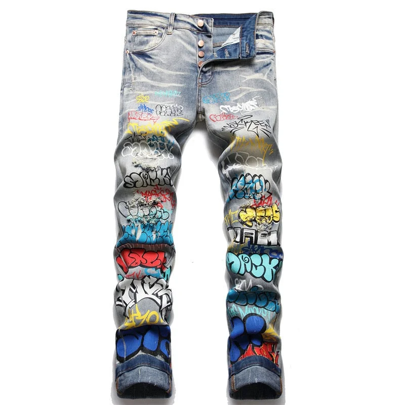 Men's Straight Leg Raw Denim Jeans for a Minimalist and Durable OptionMen's Vintage Denim Doodle Printed Ripped Button Fly Stretch Jeans Men's Straight Leg Raw Denim Jeans for a Minimalist and Durable OptionMen's Vintage Denim Doodle Printed Ripped Button Fly Stretch Jeans
