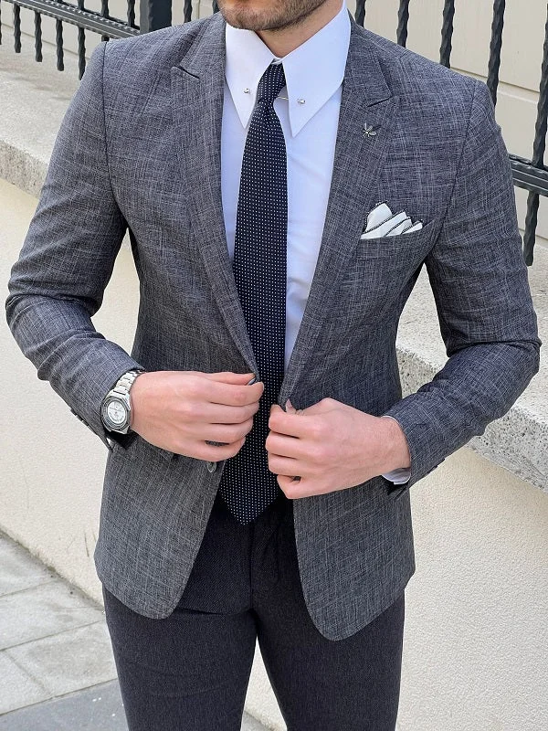 Men's Double - Breasted Velvet Blazer in Burgundy for a Sophisticated Evening OutfitRockford Dark Gray Slim Fit Peak Lapel Crosshatch Linen Blazer Men's Double - Breasted Velvet Blazer in Burgundy for a Sophisticated Evening OutfitRockford Dark Gray Slim Fit Peak Lapel Crosshatch Linen Blazer