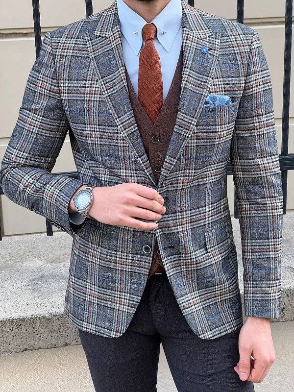 Men's Tweed Blazer in Brown with Leather Elbow Patches for a Classic and Academic StyleRockford Gray Slim Fit Peak Lapel Plaid Check Wool Blazer Men's Tweed Blazer in Brown with Leather Elbow Patches for a Classic and Academic StyleRockford Gray Slim Fit Peak Lapel Plaid Check Wool Blazer