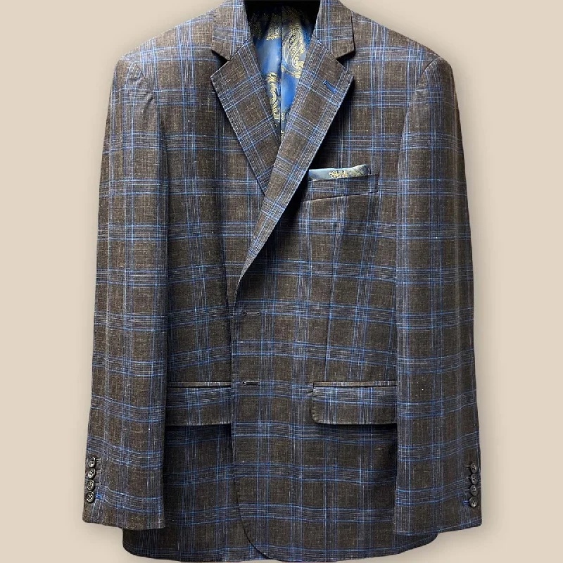 Men's Tweed Blazer in Brown with Leather Elbow Patches for a Classic and Academic StyleWestwood Hart Chocolate Brown with Blue Windowpane Plaid Men's Sportcoat Men's Tweed Blazer in Brown with Leather Elbow Patches for a Classic and Academic StyleWestwood Hart Chocolate Brown with Blue Windowpane Plaid Men's Sportcoat